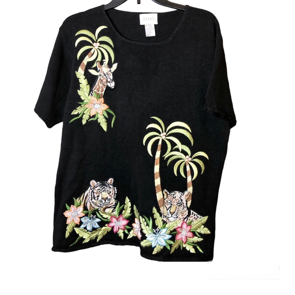 Jenny Vintage Ramie Short Sleeve Sweater Floral Safari Animal‎ Print Black XL
